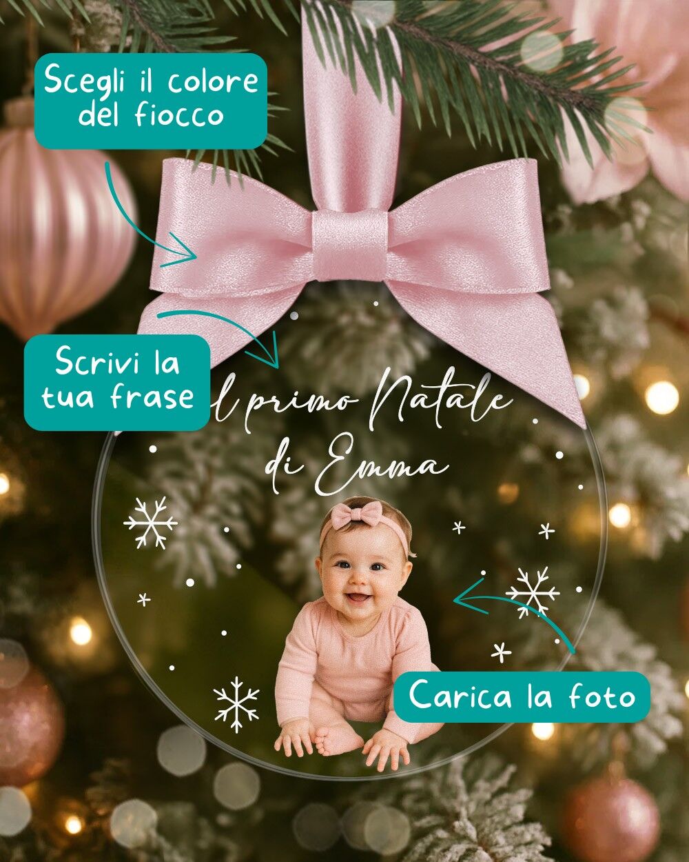 Pallina di Natale in Plexiglass, Decorazione Natalizia Personalizzata con Foto e Fiocchi di Neve "Il Primo Natale di" - Idea Addobbo per l'Albero, Regalo Primo Natale Bambina - immagine 2