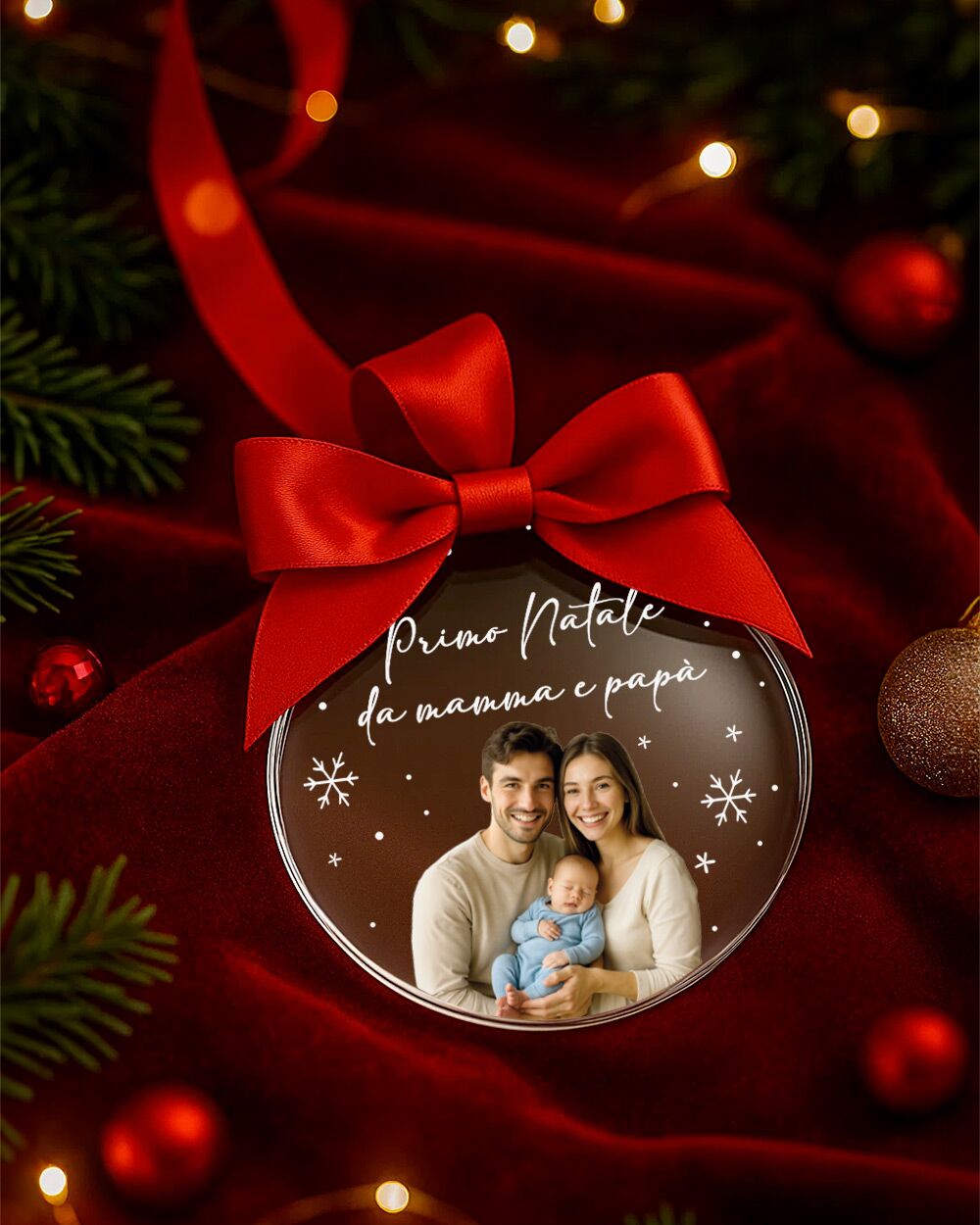 Pallina di Natale in Plexiglass, Decorazione Natalizia Personalizzata con Foto e Fiocchi di Neve "Primo Natale da Mamma e Papà" - Idea Addobbo per l'Albero, Regalo Natale Neo Genitori - immagine 6