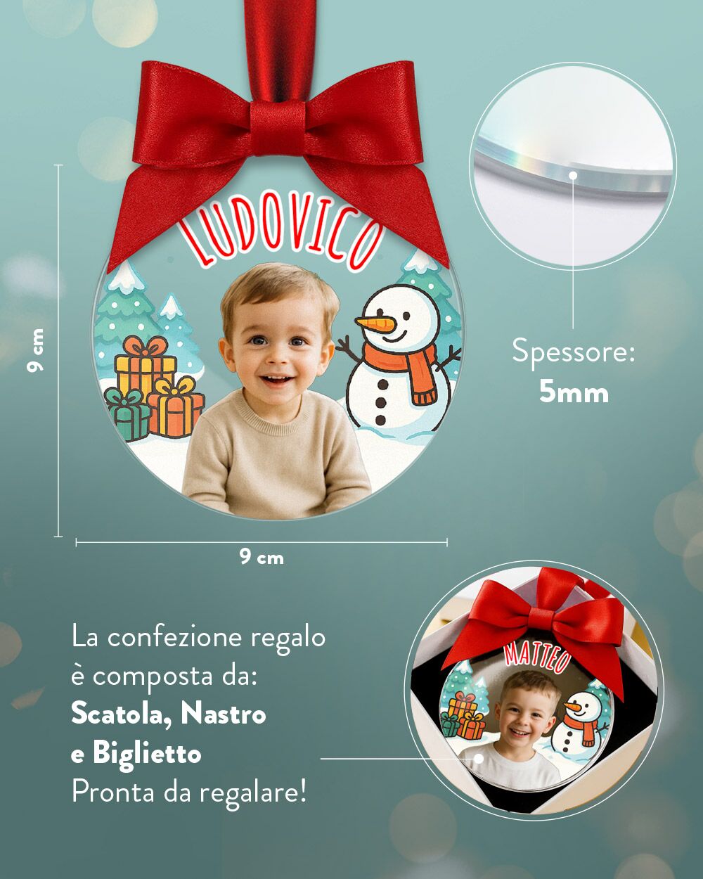 Pallina di Natale in Plexiglass, Decorazione Natalizia Personalizzata con Foto, Nome e Pupazzo di Neve – Idea Addobbo per l’Albero, Regalo Natale per Bambini - immagine 9