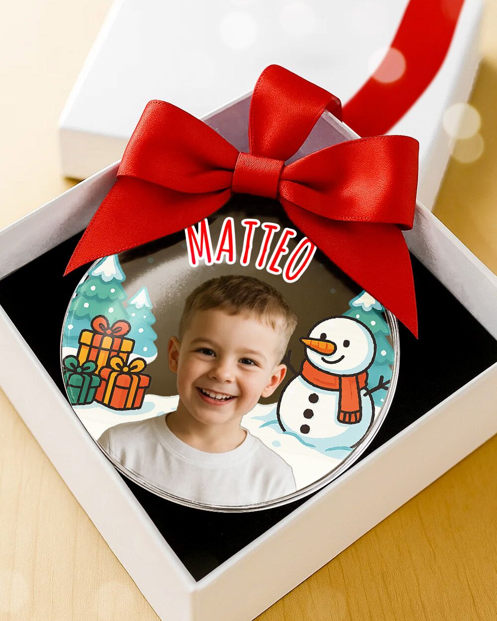Pallina di Natale in Plexiglass, Decorazione Natalizia Personalizzata con Foto, Nome e Pupazzo di Neve – Idea Addobbo per l’Albero, Regalo Natale per Bambini - immagine 7