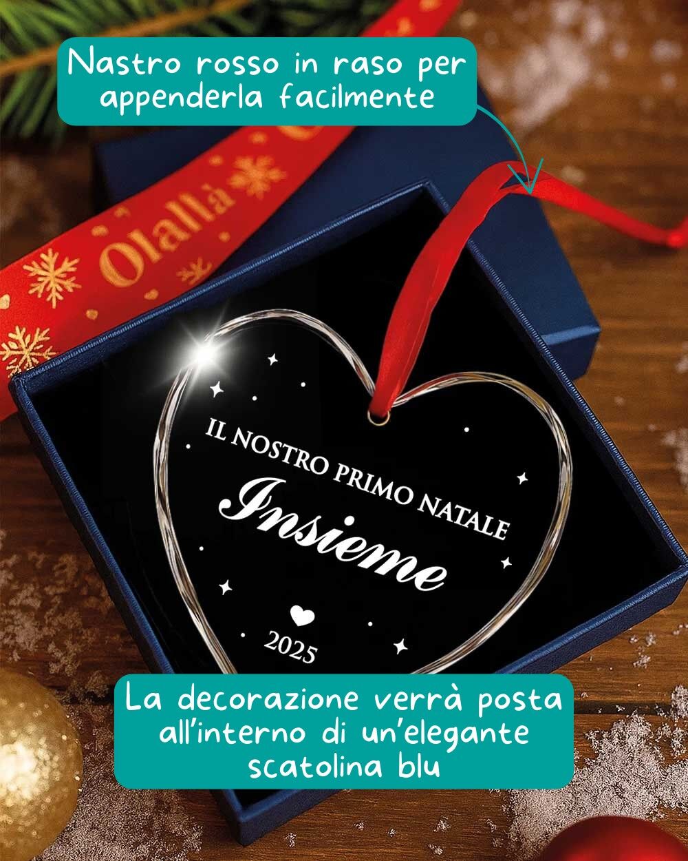 Pallina di Natale in Cristallo a Cuore, Decorazione Natalizia Personalizzata "Il Nostro Primo Natale Insieme", Taglio a Diamante – Addobbo Elegante con Nastro Rosso – Idea Regalo Natale Coppia - immagine 4